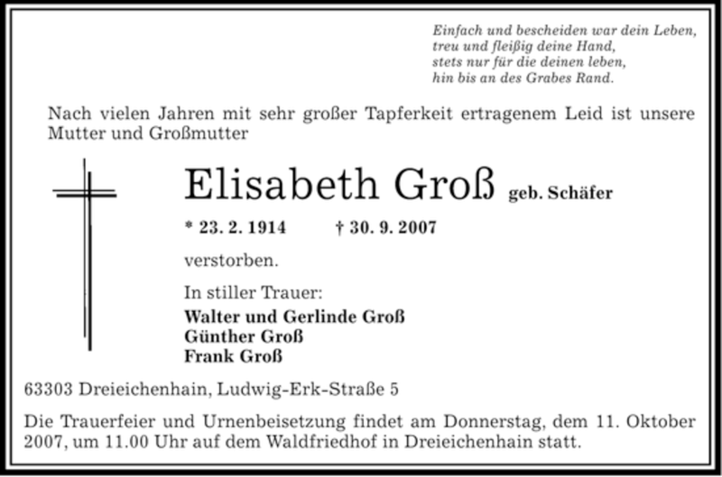  Traueranzeige für Elisabeth Groß vom 08.10.2007 aus 