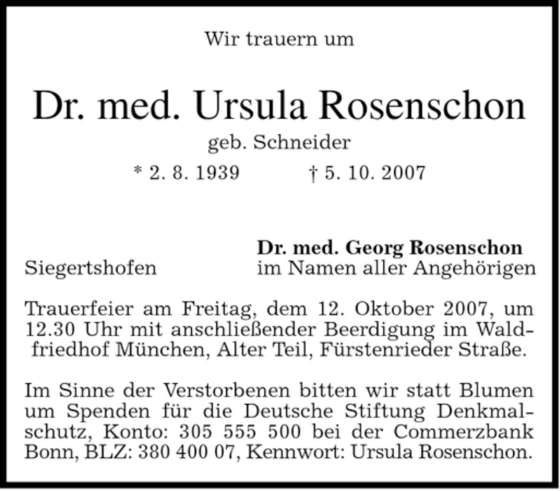  Traueranzeige für Ursula Rosenschon vom 09.10.2007 aus 