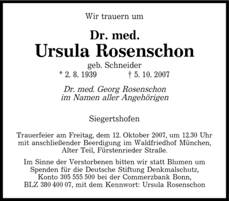  Traueranzeige für Ursula Rosenschon vom 09.10.2007 aus SAARBRÜCKER ZEITUNG