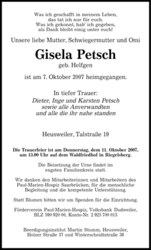  Traueranzeige für Gisela Petsch vom 09.10.2007 aus SAARBRÜCKER ZEITUNG
