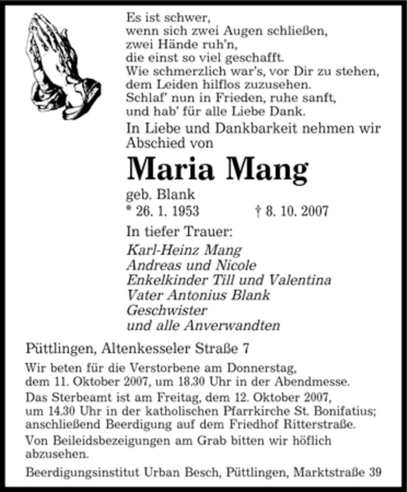  Traueranzeige für Maria Mang vom 10.10.2007 aus SAARBRÜCKER ZEITUNG
