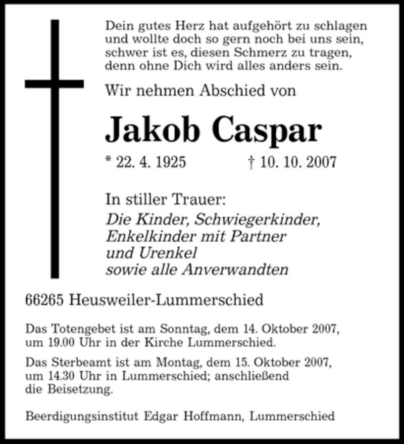  Traueranzeige für Jakob Caspar vom 12.10.2007 aus SAARBRÜCKER ZEITUNG