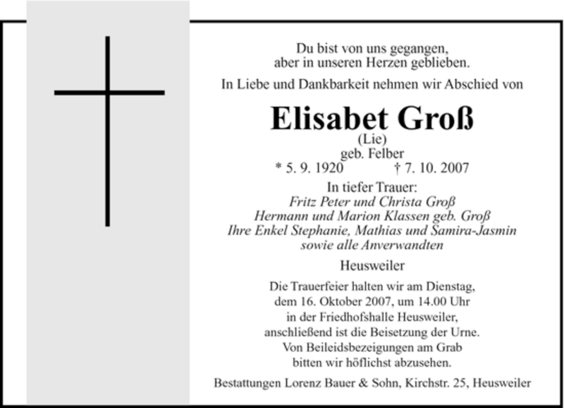  Traueranzeige für Elisabeth Groß vom 13.10.2007 aus SAARBRÜCKER ZEITUNG