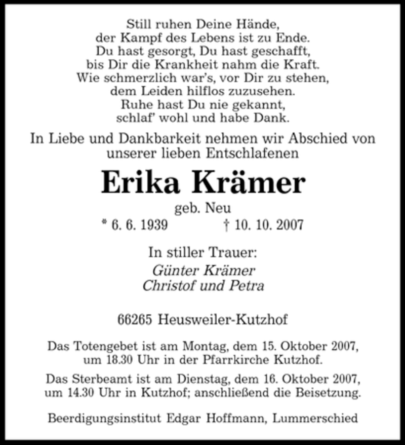  Traueranzeige für Erika Krämer vom 13.10.2007 aus SAARBRÜCKER ZEITUNG