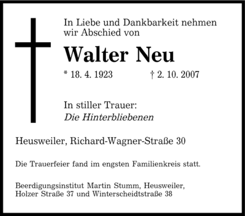  Traueranzeige für Walter Neu vom 15.10.2007 aus SAARBRÜCKER ZEITUNG