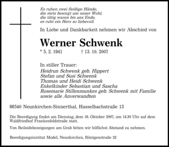 Traueranzeige von Werner Schwenk von SAARBRÜCKER ZEITUNG