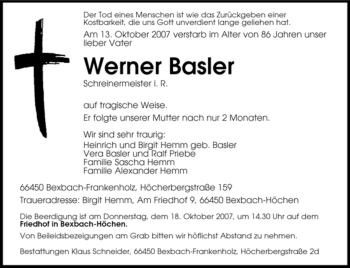 Traueranzeige von Werner Basler von SAARBRÜCKER ZEITUNG