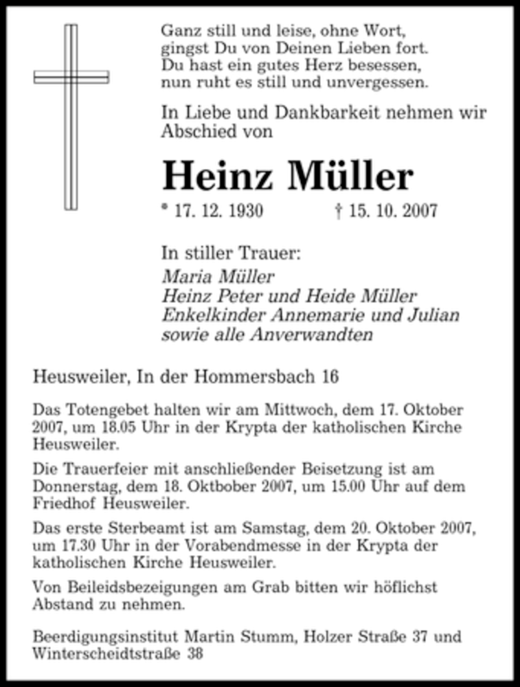  Traueranzeige für Heinz Müller vom 17.10.2007 aus SAARBRÜCKER ZEITUNG