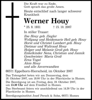 Traueranzeige von Werner Houy von SAARBRÜCKER ZEITUNG