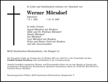 Traueranzeige von Werner Mörsdorf von SAARBRÜCKER ZEITUNG