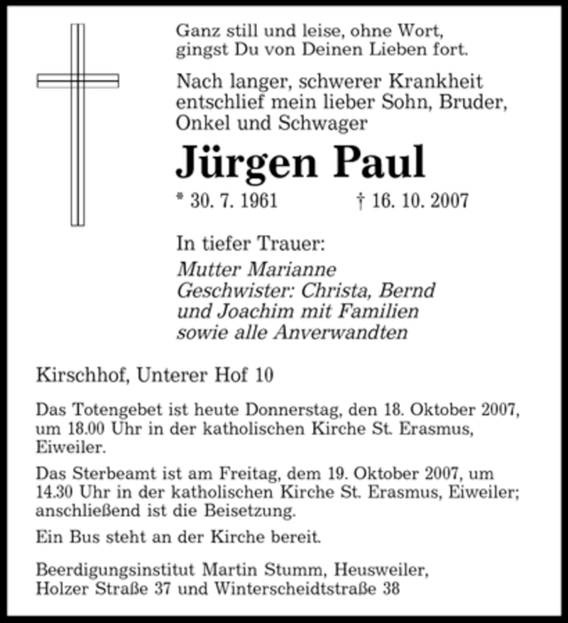  Traueranzeige für Jürgen Paul vom 18.10.2007 aus SAARBRÜCKER ZEITUNG