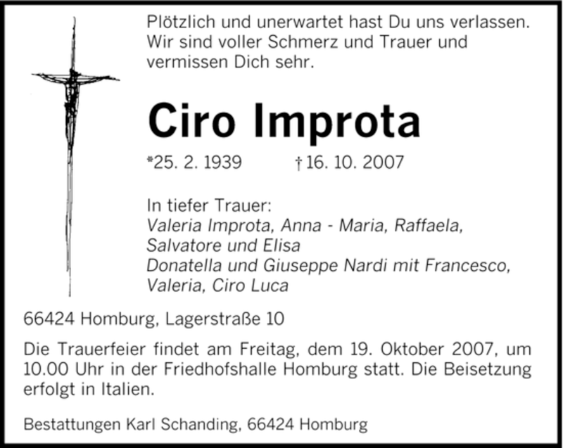 Traueranzeigen von Ciro Improta Saarbruecker Zeitung.Trauer.de