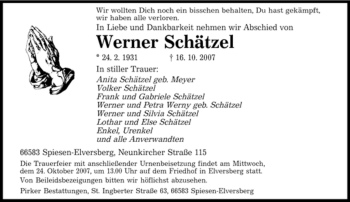 Traueranzeige von Werner Schätzel von SAARBRÜCKER ZEITUNG
