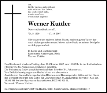 Traueranzeige von Werner Kuttler von SAARBRÜCKER ZEITUNG