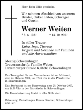 Traueranzeige von Werner Weiten von SAARBRÜCKER ZEITUNG