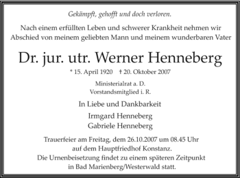 Traueranzeige von Werner Henneberg 