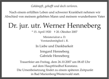 Traueranzeige von Werner Henneberg von SAARBRÜCKER ZEITUNG
