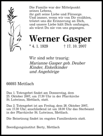 Traueranzeige von Werner Gasper von SAARBRÜCKER ZEITUNG