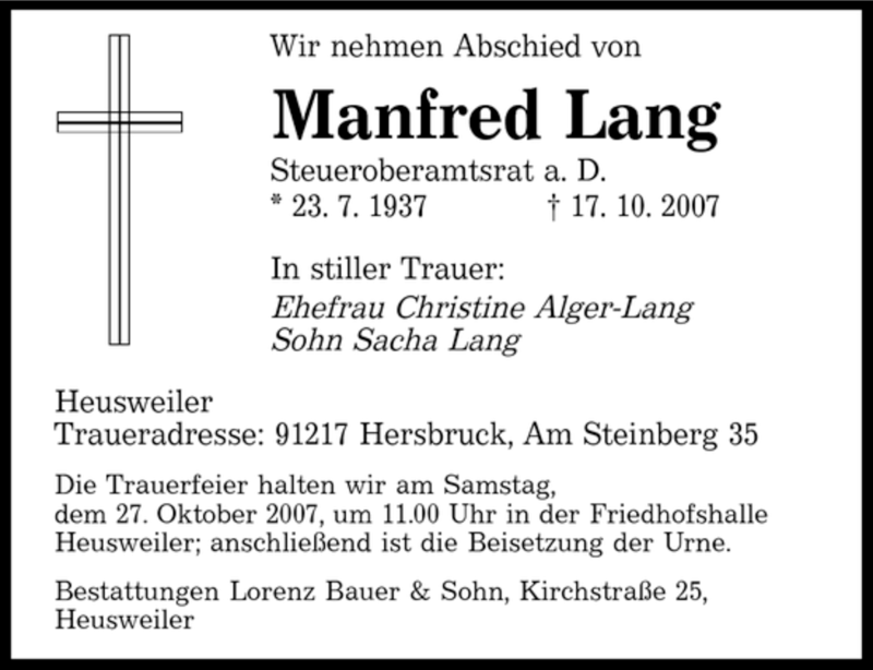  Traueranzeige für Manfred Lang vom 24.10.2007 aus SAARBRÜCKER ZEITUNG