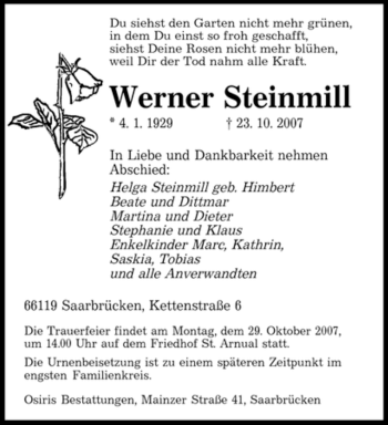 Traueranzeige von Werner Steinmill von SAARBRÜCKER ZEITUNG