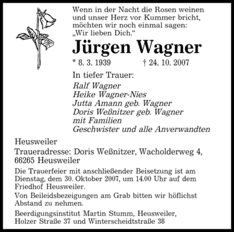  Traueranzeige für Jürgen Wagner vom 27.10.2007 aus SAARBRÜCKER ZEITUNG