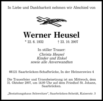 Traueranzeige von Werner Heusel von SAARBRÜCKER ZEITUNG