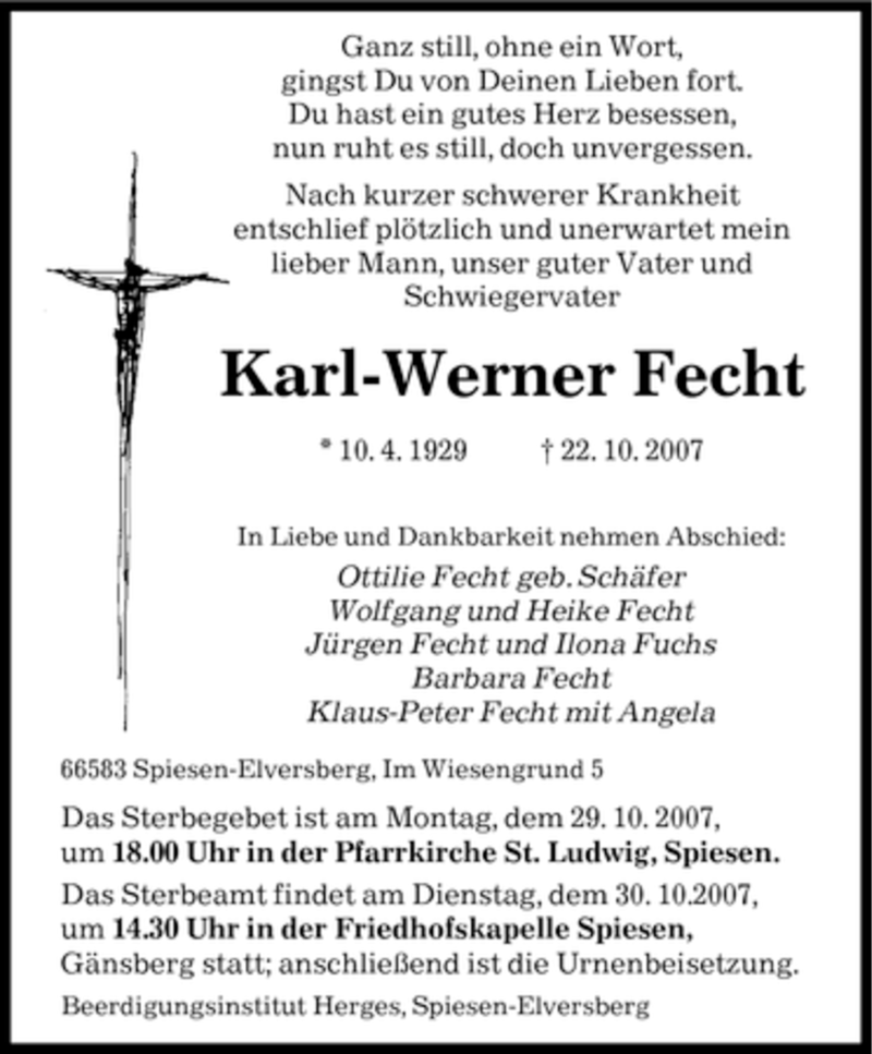  Traueranzeige für Karl-Werner Fecht vom 27.10.2007 aus SAARBRÜCKER ZEITUNG