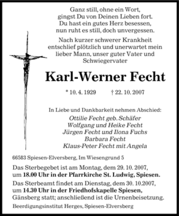 Traueranzeige von Karl-Werner Fecht von SAARBRÜCKER ZEITUNG