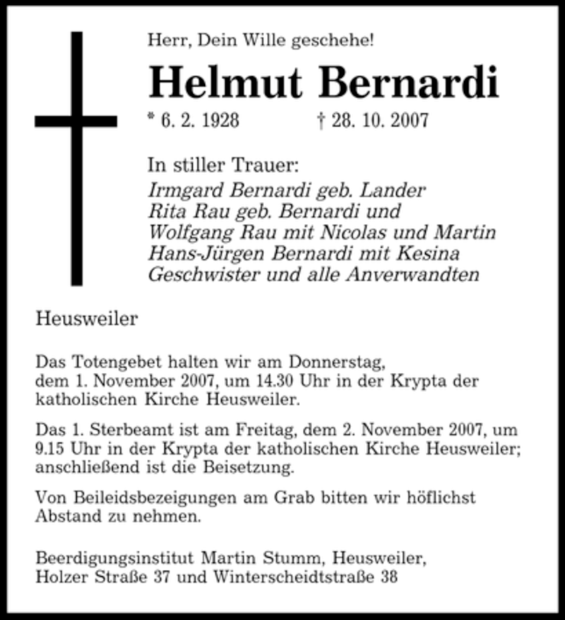  Traueranzeige für Helmut Bernardi vom 30.10.2007 aus SAARBRÜCKER ZEITUNG