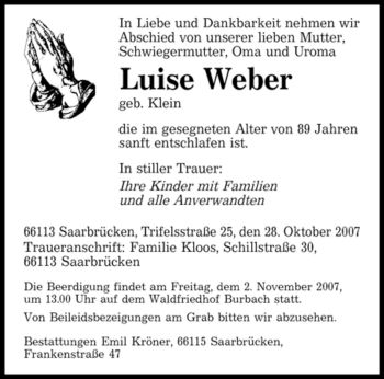 Traueranzeige von Luise Weber von SAARBRÜCKER ZEITUNG