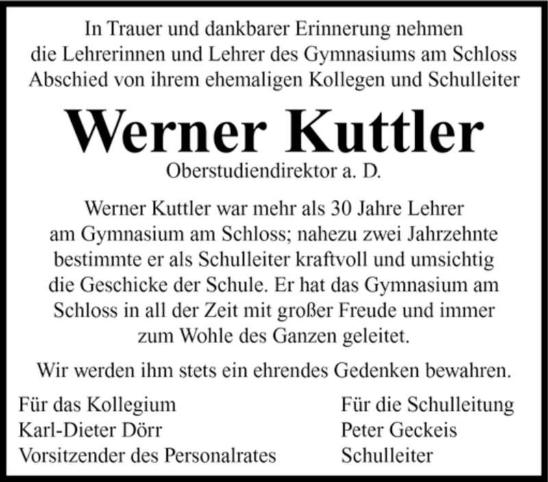  Traueranzeige für Werner Kuttler vom 31.10.2007 aus SAARBRÜCKER ZEITUNG
