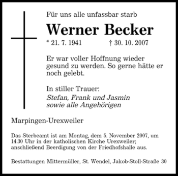 Traueranzeige von Werner Becker von SAARBRÜCKER ZEITUNG