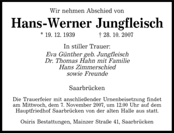 Traueranzeige von Hans-Werner Jungfleisch von SAARBRÜCKER ZEITUNG