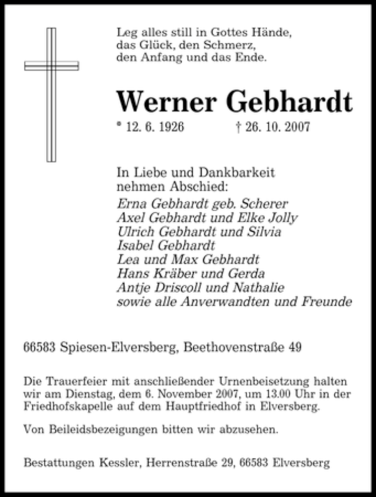  Traueranzeige für Werner Gebhardt vom 03.11.2007 aus SAARBRÜCKER ZEITUNG