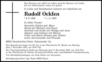 Traueranzeige von Rudolf Ockfen von SAARBRÜCKER ZEITUNG
