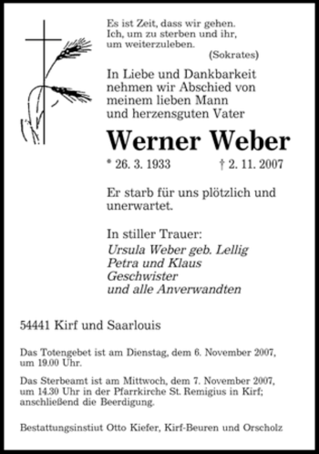 Traueranzeige von Werner Weber von SAARBRÜCKER ZEITUNG