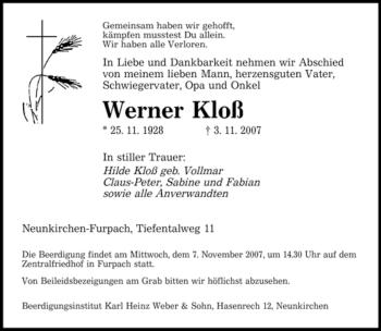 Traueranzeige von Werner Kloß von SAARBRÜCKER ZEITUNG