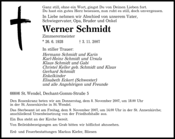 Traueranzeige von Werner Schmidt von SAARBRÜCKER ZEITUNG