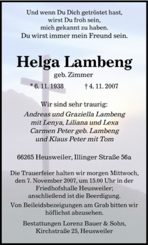  Traueranzeige für Helga Lambeng vom 06.11.2007 aus SAARBRÜCKER ZEITUNG