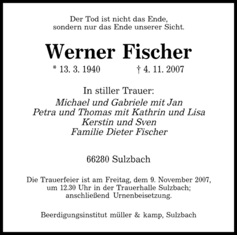  Traueranzeige für Werner Fischer vom 06.11.2007 aus SAARBRÜCKER ZEITUNG