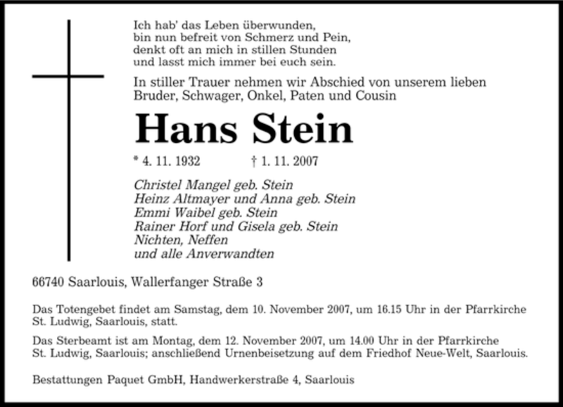  Traueranzeige für Hans Stein vom 08.11.2007 aus SAARBRÜCKER ZEITUNG