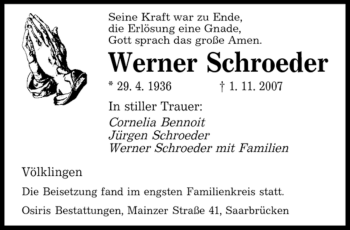 Traueranzeige von Werner Schroeder von SAARBRÜCKER ZEITUNG