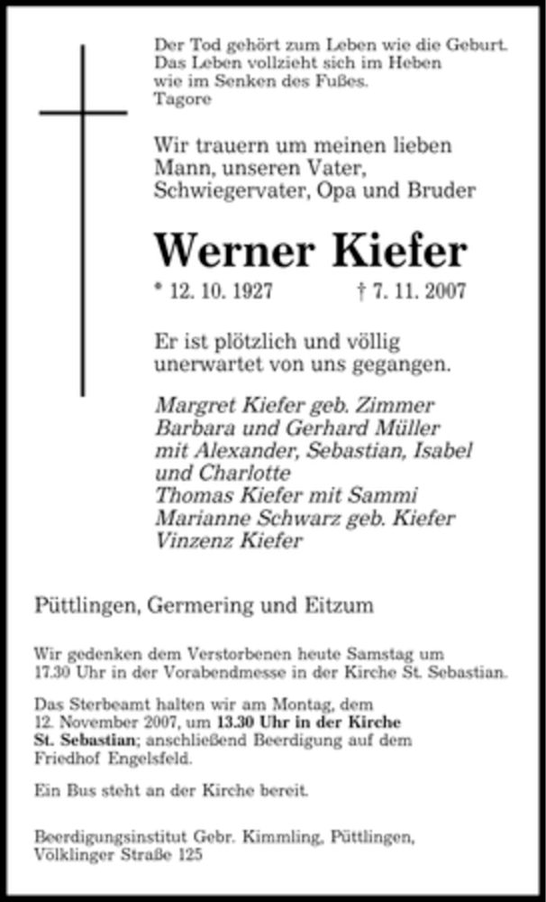  Traueranzeige für Werner Kiefer vom 10.11.2007 aus SAARBRÜCKER ZEITUNG