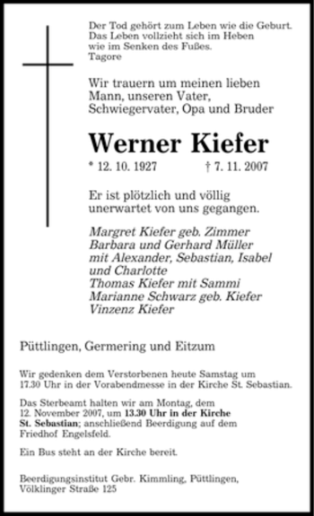 Traueranzeige von Werner Kiefer von SAARBRÜCKER ZEITUNG