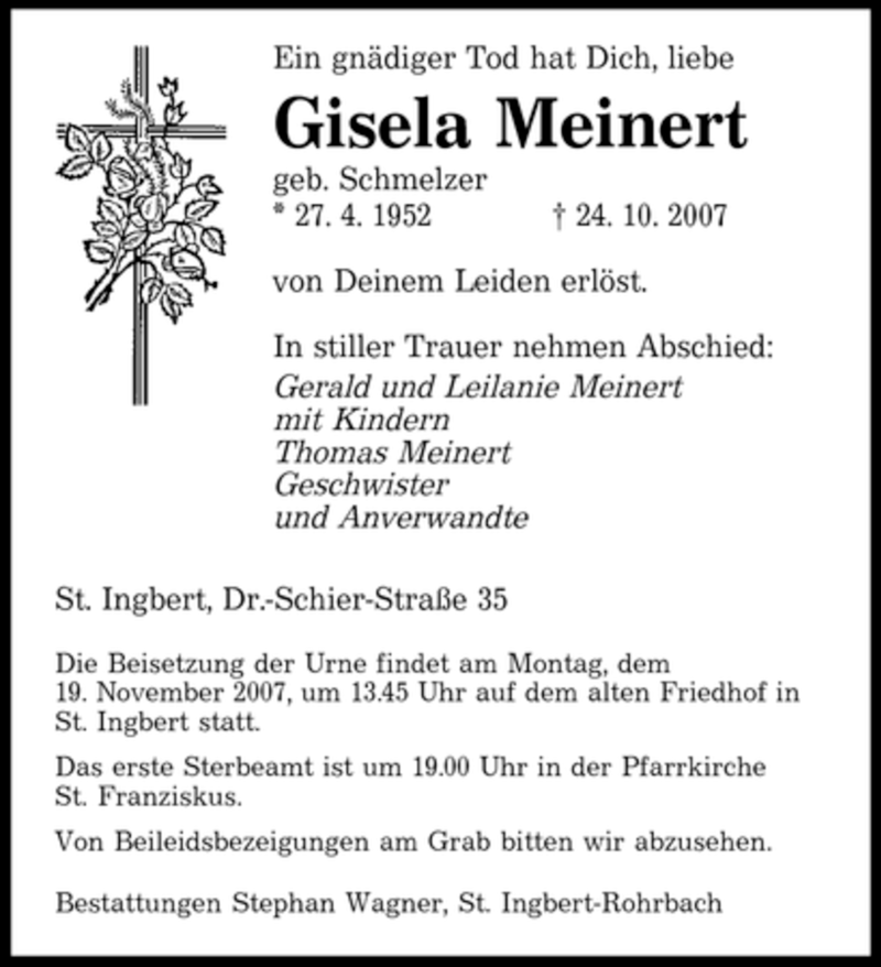  Traueranzeige für Gisela Meinert vom 10.11.2007 aus SAARBRÜCKER ZEITUNG