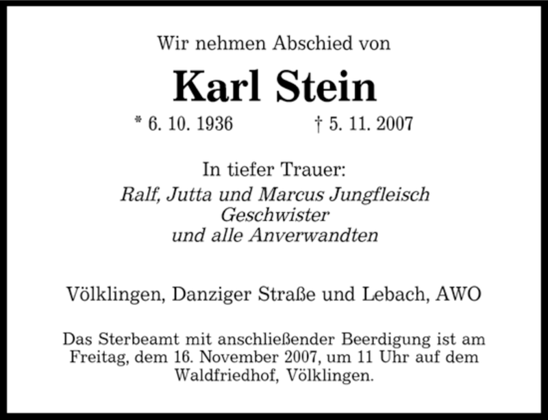  Traueranzeige für Karl Stein vom 14.11.2007 aus SAARBRÜCKER ZEITUNG