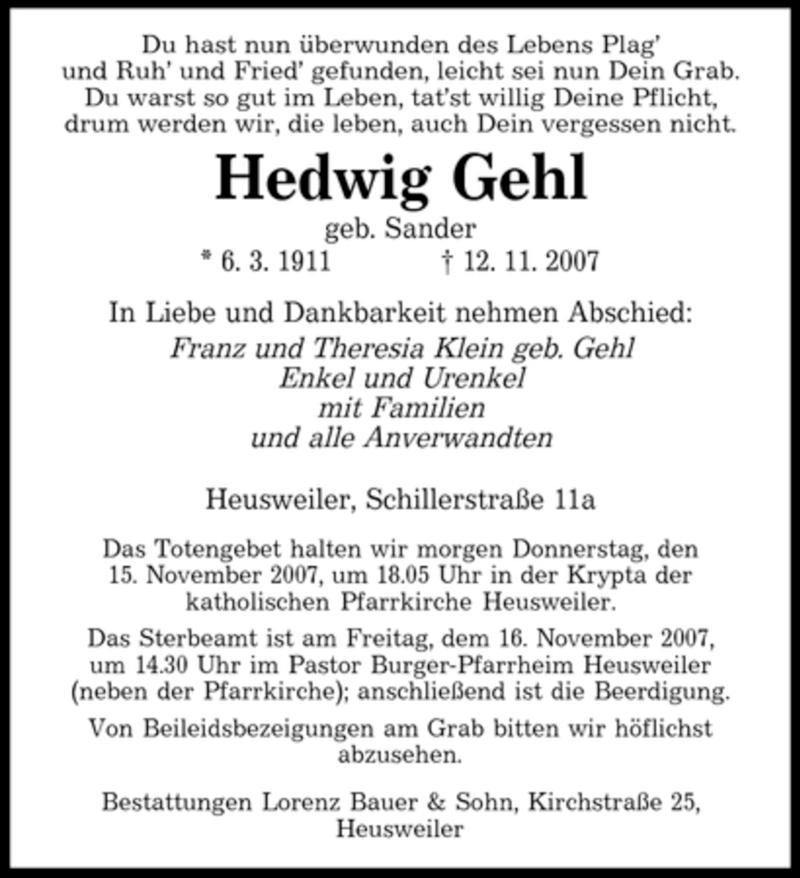  Traueranzeige für Hedwig Gehl vom 14.11.2007 aus SAARBRÜCKER ZEITUNG