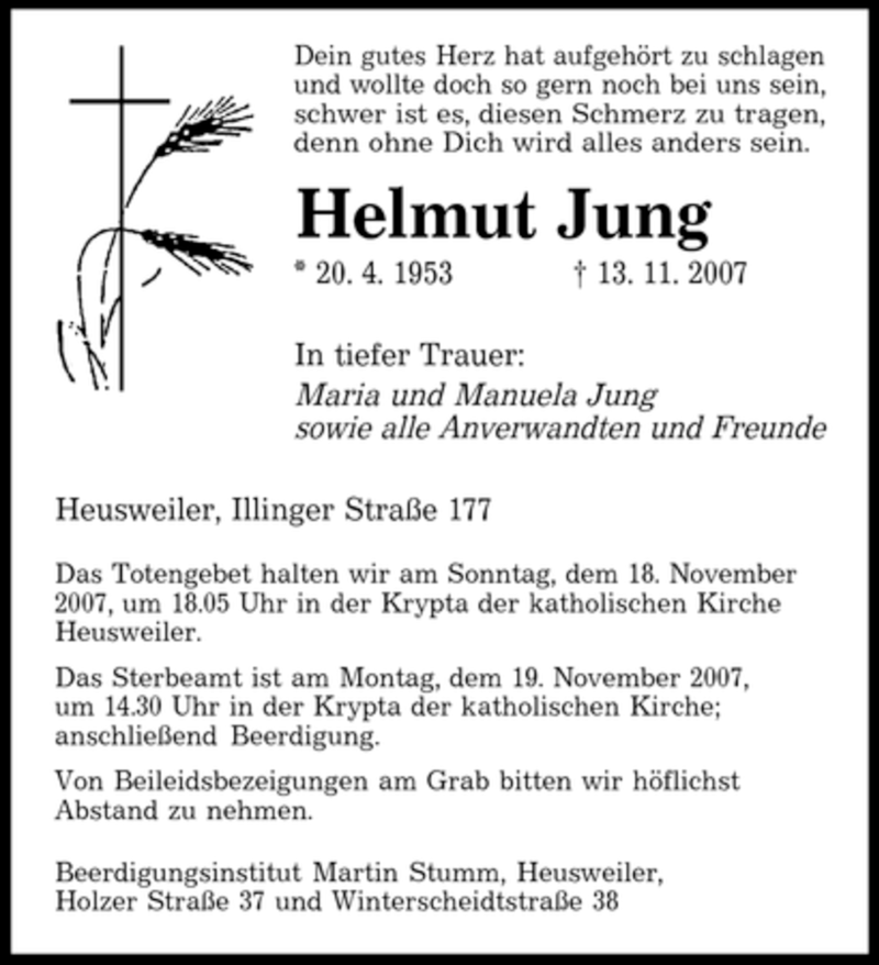  Traueranzeige für Helmut Jung vom 17.11.2007 aus SAARBRÜCKER ZEITUNG