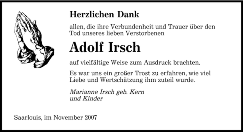  Traueranzeige für Adolf Irsch vom 17.11.2007 aus SAARBRÜCKER ZEITUNG