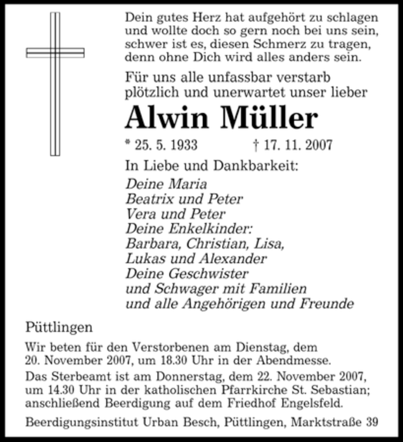  Traueranzeige für Alwin Müller vom 19.11.2007 aus SAARBRÜCKER ZEITUNG